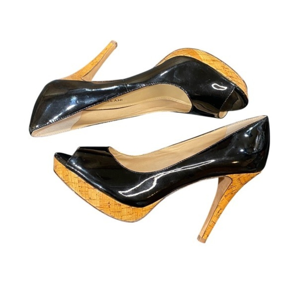 Antonio Melani Black Patent Leather Peep Toe Cork Platform Heels